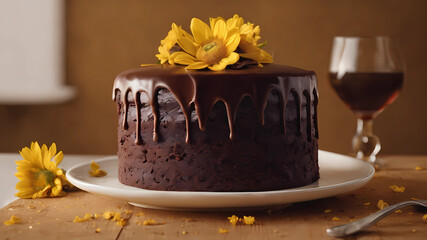 All chocolate birthday cake, on brown background, decorated with yellow flowers on top.