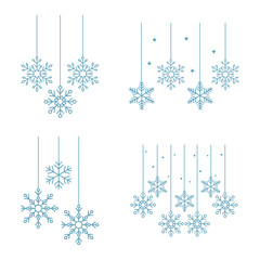 Naklejka na ściany i meble Christmas Snowflakes Hanging, Winter Decoration. For New Year Greeting Background. Vector Illustration Set