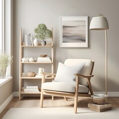  a Scandinavian-inspired reading nook designed for serenity. Picture clean lines, light wood furniture, and a cozy reading chair with a neutral-colored throw