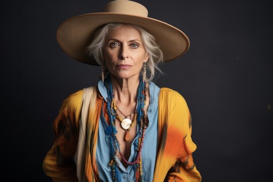 Portrait of beautiful senior hippie woman in hat and colorful clothes