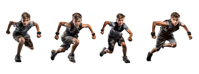 4 Young boys running in competition. Isolated on white background - obrazy, fototapety, plakaty