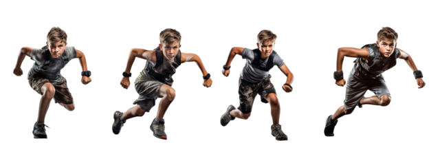4 Young boys running in competition. Isolated on white background