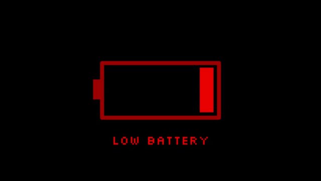 Digital low battery charging status indicator animation on Alpha Channel. No energy, warning, critical level. Technologies concept. Device. Battery status indicator.