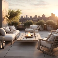  an urban terrace designed for chic relaxation. Picture comfortable outdoor furniture with clean lines, neutral cushions, and sleek planters