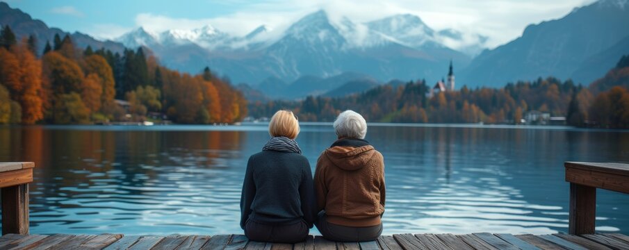 aged couple admiring autumn lake from pier Romantic couple with arms up sitting on old wooden pier at lake, sunset shot