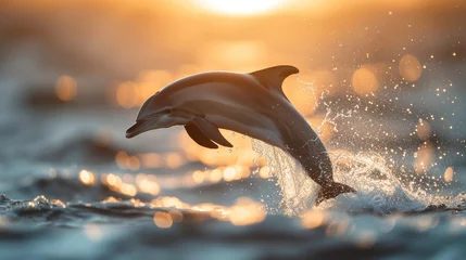 Zelfklevend Fotobehang A heartwarming moment unfolds as a happy dolphin leaps gracefully out of the water  © Wajid