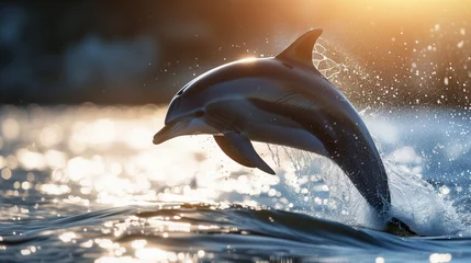 Zelfklevend Fotobehang A heartwarming moment unfolds as a happy dolphin leaps gracefully out of the water  © Wajid