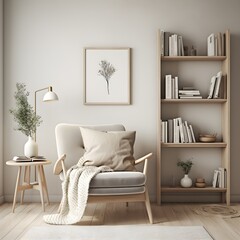  a Scandinavian-inspired reading nook designed for serenity. Picture clean lines, light wood furniture, and a cozy reading chair with a neutral-colored throw