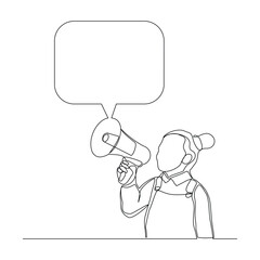 Continuous single line sketch drawing of kid girl holding megaphone speaker with bubble chat. One line art of sound tool equipment vector illustration