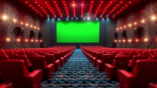 Chroma green screen of cinema movie theatre with realistic red rows of seats and chairs with empty copy space background. Movie premiere and Entertainment concept animation looping video style
