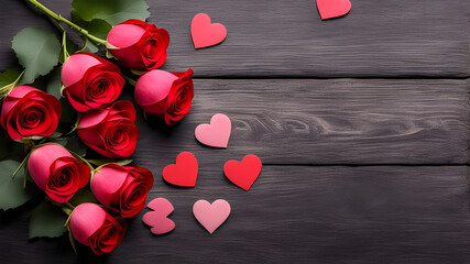 Black wooden background postcard with red hearts, rose flower on Valentine's Day concept.
