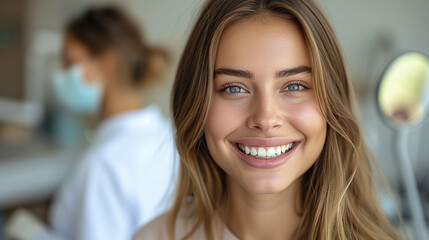 Smile, mirror and image of woman with dentist after teeth whitening Dental services and care Dental care and female patients with an orthodontist for oral health, health and cleaning.
