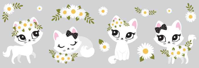 Illustration of cute cat, kitten. Baby, child, cute portrait. Little face, little animal, pet. White character, black graphic. Stickers, wall art, kids room decoration, cutie full face, small kitty