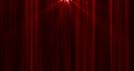 Abstract red curtain background in a theater or stage illuminated by spotlight lamps made of iridescent stripes and lines
