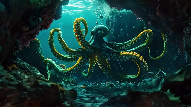 A neon yellow octopus emerging from a glowing underwater cave its tentacles reaching out in curiosity.