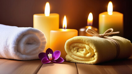 Obraz na płótnie Canvas The atmosphere of the spa, relaxation and massage room, a set of towels, burning candles, round stones and tropical flowers in a dark room.
