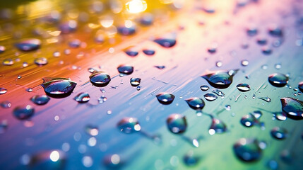Water drops on on surface, glass, reflection. Banner with raindrops. Top view. side view. bright photo, rainbow. many drops of water on the mirror. sunlight. macro, close-up