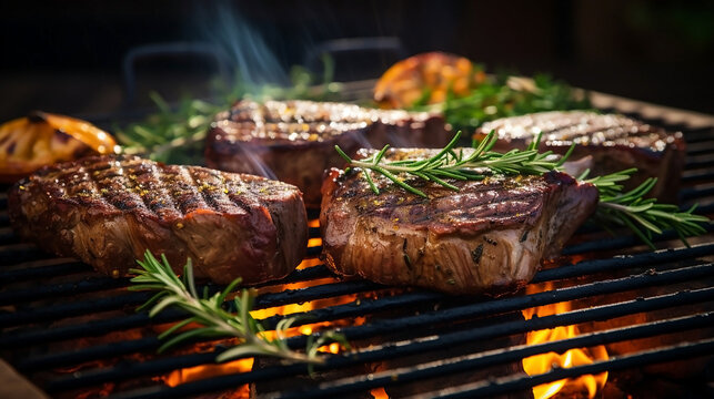 Beef steaks sizzling on the grill with flames meat is cooked over fire along with vegetables herbs juicy beautiful bright photo close-up macro fire chicken colorful stock advertising picture for menu