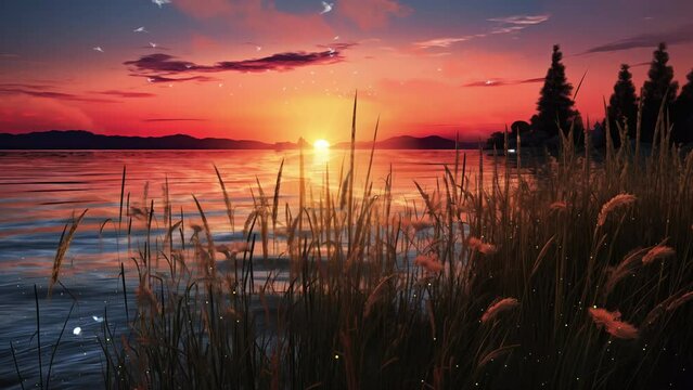 sunset on a lake with reeds. seamless looping overlay 4k virtual video animation background 