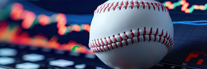 Sports betting concept with charts and graphs showing wins, losses, and odds with baseball equipment