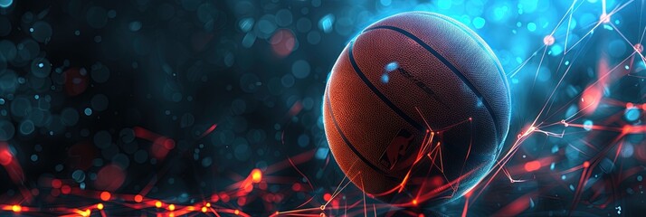 Sports betting concept with charts and graphs showing wins, losses, and odds with basketball equipment