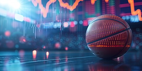 Sports betting concept with charts and graphs showing wins, losses, and odds with basketball equipment
