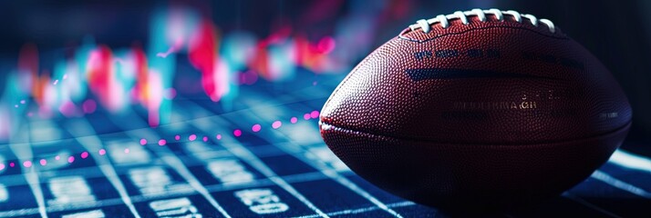 Sports betting concept with charts and graphs showing wins, losses, and odds with football equipment