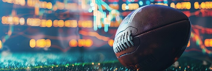 Sports betting concept with charts and graphs showing wins, losses, and odds with football equipment