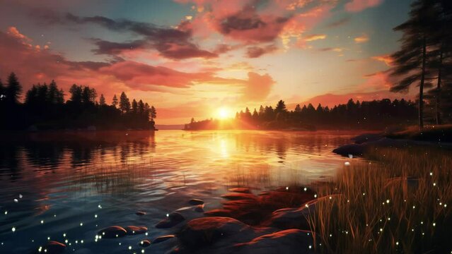 nature background.  sunset on lake in summer. seamless looping overlay 4k virtual video animation background 