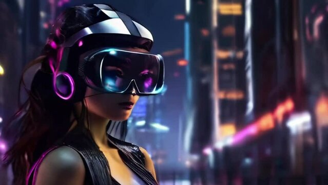 beatiful girl with virtual reality in the city night cyber punk tower