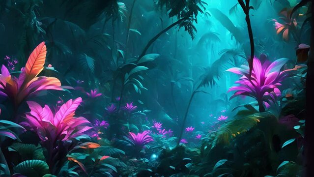 The striking glow of neon jungle flowers attract exotic creatures luring them deeper into the electric oasis.