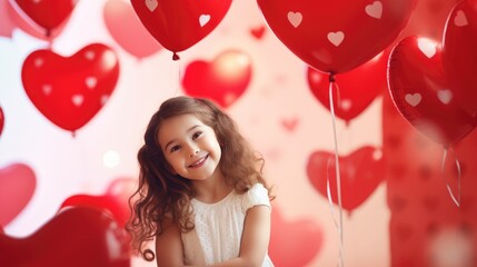 Cute little girl with heart shaped balloons on Valentine's day. family, love. gifts for the holiday.