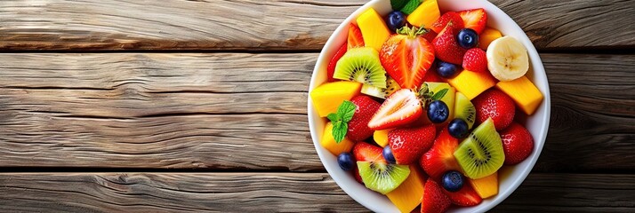 Overhead photo of a bowl of delicious fruit salad on wooden table. 