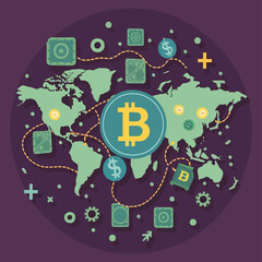 Fototapeta premium 2d vector illustration colorful trading over the world map money bitcoin crypto 