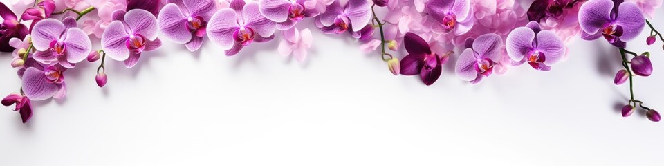 A banner of orchid flowers on a white background. An invitation or a postcard for a holiday.