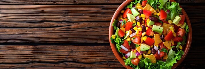 Overhead photo of a bowl of delicious taco salad on wooden table. 