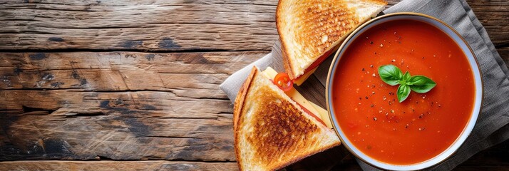 Overhead photo of a bowl of delicious tomato soup with grilled cheese on wooden table. 