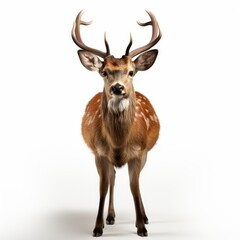 Majestic spotted deer with large antlers standing against a white background, looking at the camera.