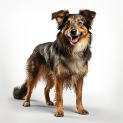 Australian Shepherd dog standing against a white background, looking at the camera with a friendly expression.