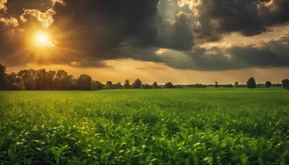 a sunset over a green field  with the sun shining through the clouds and the sun shining through the leaves,  wind moving green grass, panoramic view, summer scenery