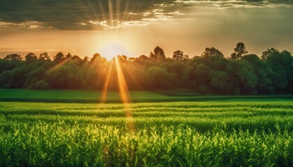 a sunset over a green field  with the sun shining through the clouds and the sun shining through the leaves,  wind moving green grass, panoramic view, summer scenery