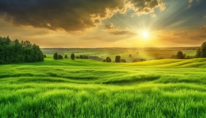 a sunset over a green field  with the sun shining through the clouds and the sun shining through the leaves,  wind moving green grass, panoramic view, summer scenery