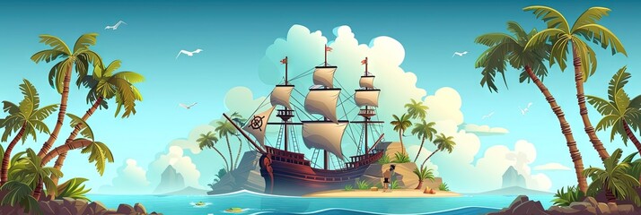 Pirate ship on the shore of a tropical island setting on a sunny afternoon with blue sky and clouds