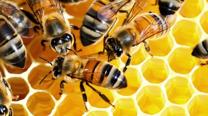 A bustling hive comes alive as bees fill honey cells, transforming nature's bounty into liquid gold. Close-up of worker bees tending to the honey cells, a symphony of productivity.