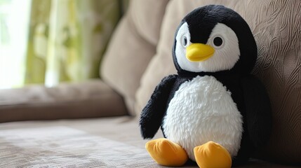 Penguin Stuffed animal in soft furry plush. Cute and adorable animal toy. - obrazy, fototapety, plakaty