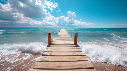 View of white sand beach with wooden pier. - obrazy, fototapety, plakaty