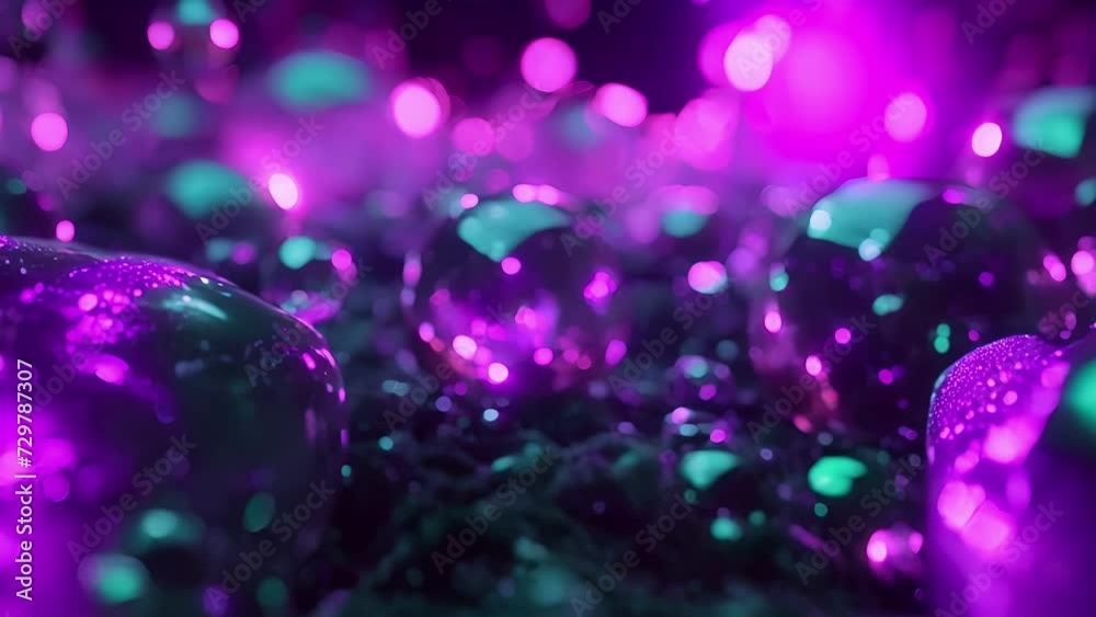 Wall mural Bubbles of neon pink and green floating in a sea of darkness emitting a soft and dreamy glow.