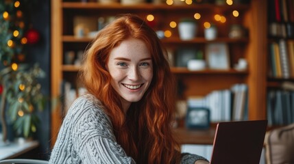 Young red-haired successful business woman 20 years old, dressed in casual clothes, holding on to using a laptop computer, studying, working or shopping remotely at home using a laptop.