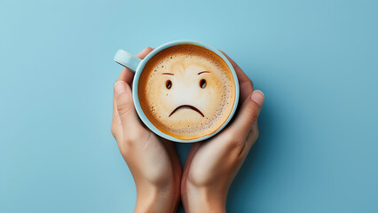 a woman holds a cup of coffee, a sad face drawn with cocoa powder on her milk foam.