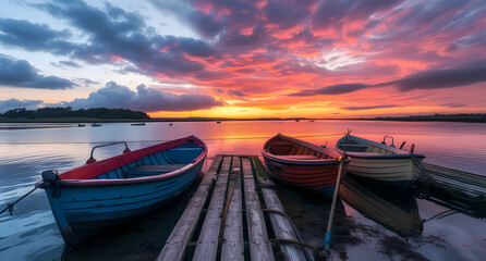 boats on the dock at sunset